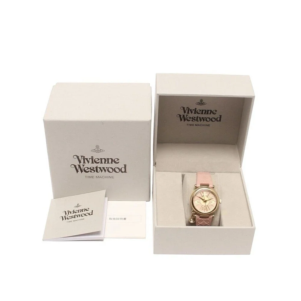 Vivienne Westwood Women's Watch With Box Gold Orb Quartz, Pink Leather Strap